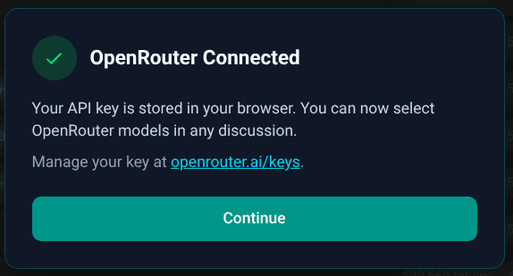 The post-connection panel inside Socratic ONE showing OpenRouter as connected with model count